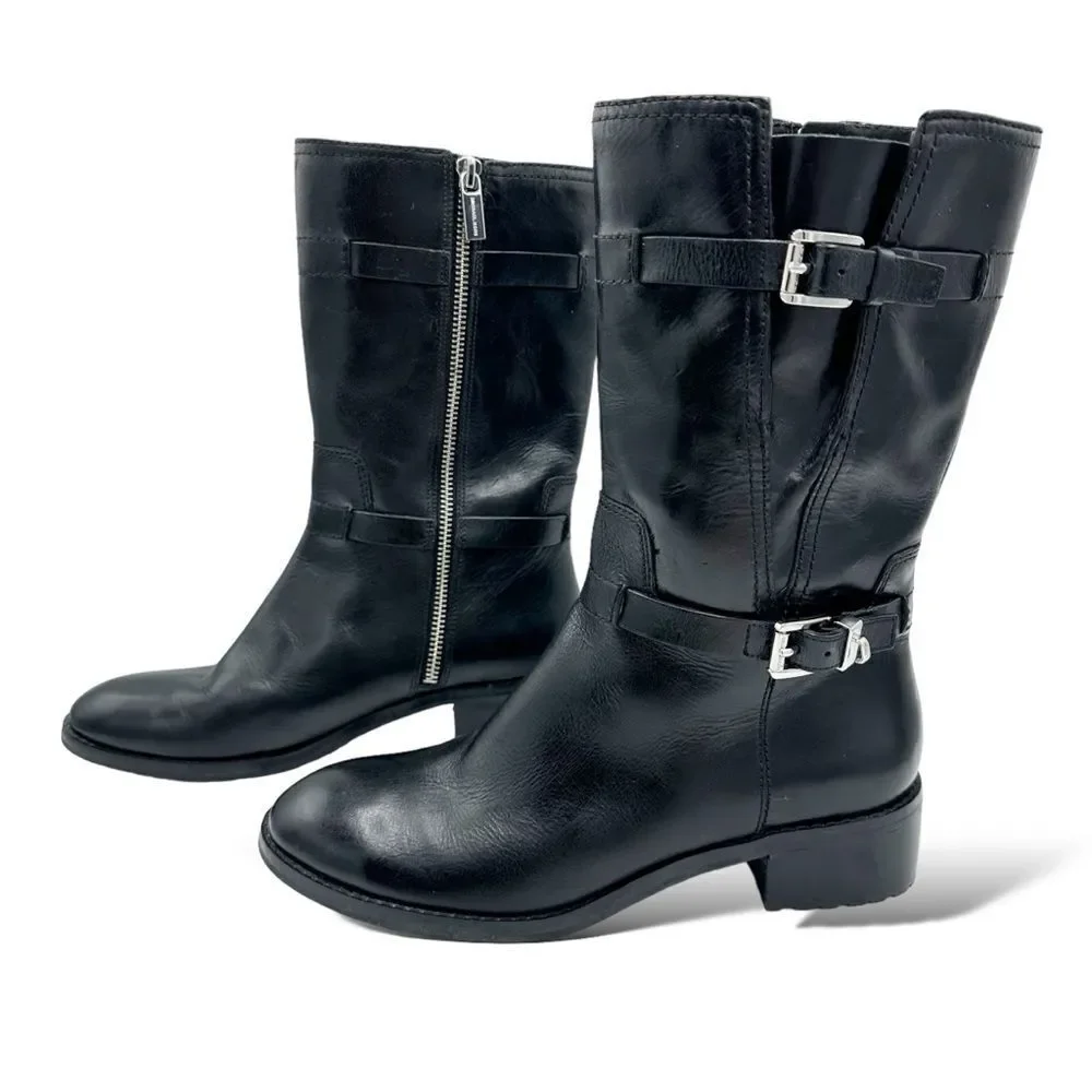 Michael Kors Chunky Heel Moto Boot Black Silver Buckles Lug Sole Sz‎ 7.5 - Picture 2 of 14